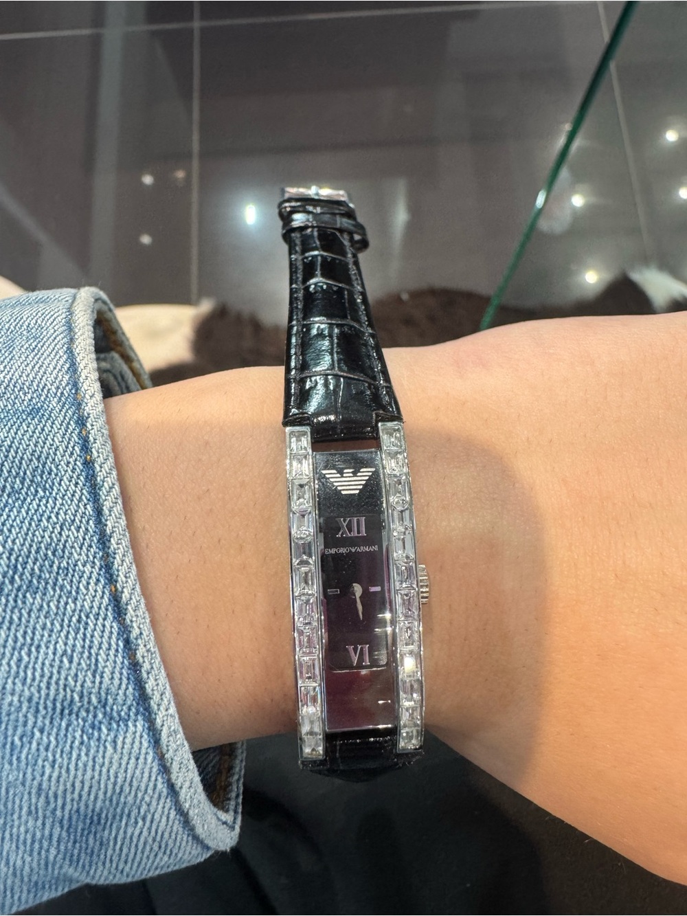 Emporio Armani Women's Slimline Rectangular Watch - Crystal Bezel & Black strap